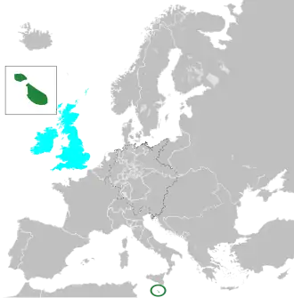 Europe in 1815, Malta in dark green, United Kingdom in cyan