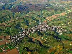Aerial panorama of Malterdingen illustrates the hilly and forested terrain surrounding the village.