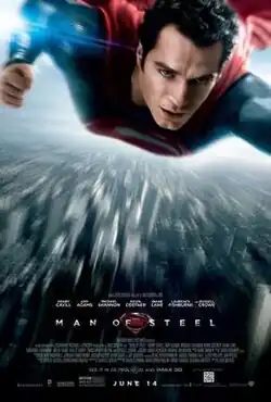 Superman, bearing his traditional red and blue costume, is shown flying towards the viewer, with the city Metropolis below. The film's title, production credits, rating and release date are written underneath.