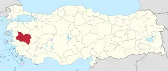 Manisa highlighted in red on a beige political map of Turkeym