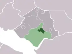 The town centre (darkgreen) and the statistical district (lightgreen) of Zuidland in the former municipality of Bernisse.