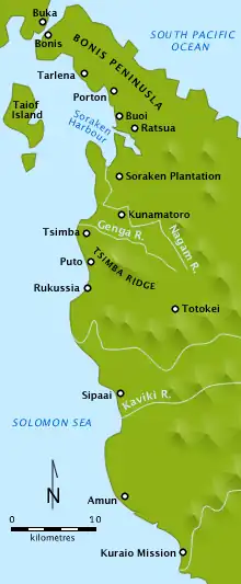 A detailed map showing the north-western coast line of an island. Several harbours are depicted, along with various locations