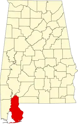 Map of Alabama highlighting Baldwin County