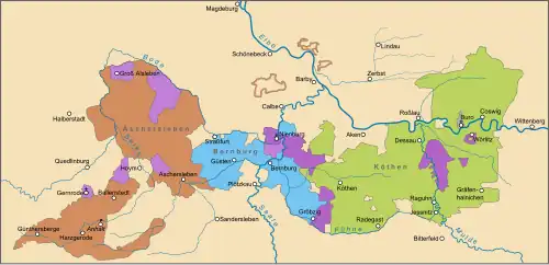 Map of Anhalt in 1259. Anhalt-Aschersleben is in brown.