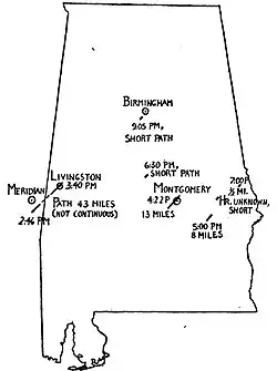 A map of the U.S. state of Alabama, with lines across the state indicating tornado tracks. Text accompanies the tracks.