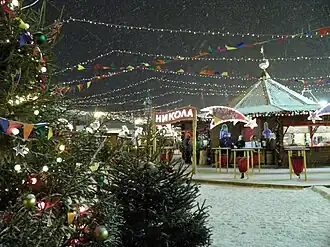 Stands of the fair covered in snow