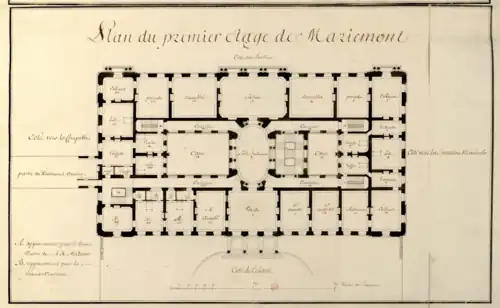 Plan of the first floor with to the left the connection to the Bavarian quarter and the chapel