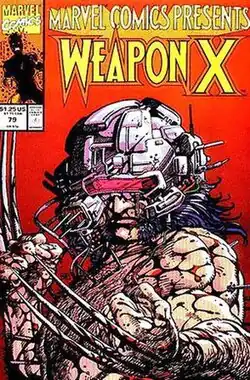 A bare-chested, muscular man shown from the chest up. He is wearing a ball shaped helmet, is spattered with blood, and has small probes stuck in his arms and chest. He also has 3 thin blades sticking out of the back of each of his hands.