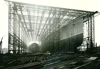 Mauretania on her Tyneside builder's ways prior to launch in 1906