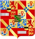 The coat of arms used by Maurice showing the county of Moers (top left center and bottom right center) and his mother's arms of Saxony (center): 78