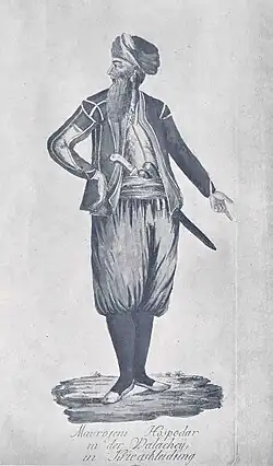 German engraving titled Mavrojeni Hospodar in der Walacheij, in Kriegskleidung