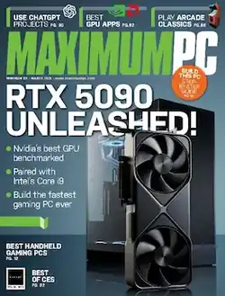 Cover of Maximum PC magazine showing a graphics processing unit card with a computer tower with transparent side and fan with lighting behind it
