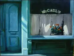 oil painting of peacock blue architecturally drawn storefront, with door on left, and large window containing white curtains, lettering of store, and geranium plant in large sunlit window