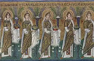 Procession of virgin martyrs bearing wreaths, with palms behind them (Basilica of Sant'Apollinare Nuovo in Ravenna, before 526 AD)