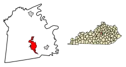 Location of Harrodsburg in Mercer County, Kentucky.