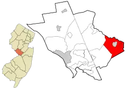 Location of East Windsor in Mercer County highlighted in red (right). Inset map: Location of Mercer County in New Jersey highlighted in orange (left). Interactive map of East Windsor, New Jersey