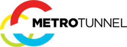 Logo used for the project: the words METRO TUNNEL emerging from a stylised tunnel portal.