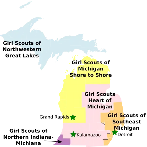 Map of Girl Scout Councils in Michigan
