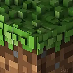 Close-up image of a Minecraft grass block rendered in 3D, viewed from a 30° isometric angle. "C418" logo/signature is in the lower right corner
