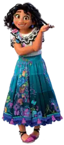 Mirabel wearing a mostly-white blouse and a bluish skirt while smiling awkwardly with a piece of her black hair around her finger