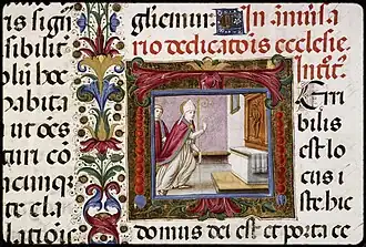 Example of an initial attributed to a collaborator, Évêque devant un autel, fo 394 vo.