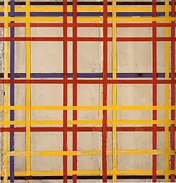 Vertical and horizontal strips in blue, red, yellow and black on a white background. The horizontal strips are closer on the top.