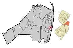 Location of Interlaken in Monmouth County circled and highlighted in red (left). Inset map: Location of Monmouth County in New Jersey highlighted in orange (right).