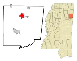Location within Monroe County and the state of Mississippi