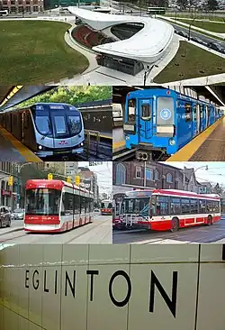 From top, clockwise: York University station on Line 1 Yonge-University, an S-series rapid transit train on the former Line 3 Scarborough, a Nova Bus bus, wall tile signage at Eglinton station featuring the Toronto Subway typeface, a Flexity Outlook streetcar, and a Toronto Rocket subway train