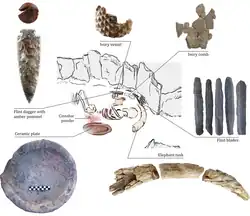 Individual buried in the lower level of the structure 10.049, and main artefacts deposited around the body