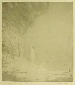Tonalist lithograph by Bolton Brown depicting female nudes bathing by moonlight