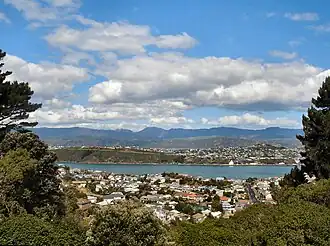 Looking east from Mt Victoria, with Hataitai in the foreground, Evans Bay and Miramar behind it