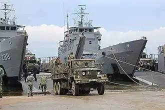 Naval Forces Western Mindanao sent off two Navy vessels to Marawi City on May 30, 2017 at Ensign Majini Pier, Naval Station Romulo Espaldon, Calarian, Zamboanga City to transport Fleet-Marine Team composed of combat service support elements, explosive ordnance and disposal units, and K9 units to augment troops that are currently fighting against local terrorist group Maute in Marawi City.