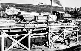 Train unloading to NSWGR rail wagons. The locomotive, 'Kiama', has been preserved.