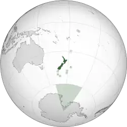 A map of the hemisphere centred on New Zealand, using an orthographic projection.