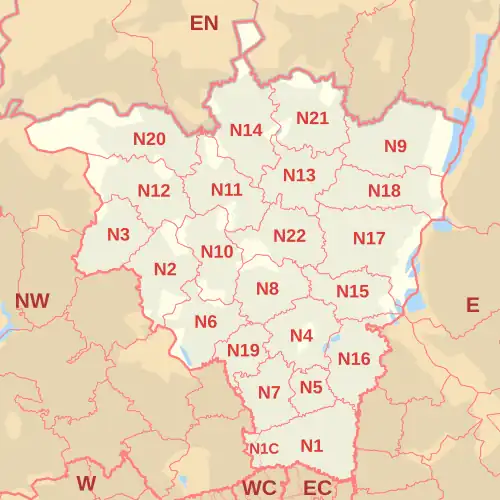 N postcode area map, showing postcode districts, post towns and neighbouring postcode areas.