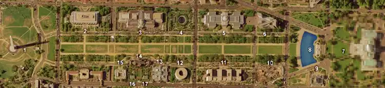 Image 92National Mall proper and adjacent areas (April 2002). The Mall had a grassy lawn flanked on each side by unpaved paths and rows of American elm trees as its central feature. (Numbers in the image correspond to numbers in the list of landmarks, museums and other features below.) (from National Mall)