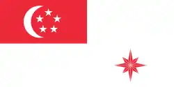 A red rectangle at the top left corner of the flag, charged with a white crescent and five white stars arranged in a pentagon. The rest of the flag is coloured white. At the bottom right part of the flag is an eight pointed star that is red.
