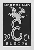 1958: A dove flying above the letter E of Europe. Designed by Andre Van der Vossen of the Netherlands.