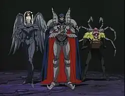 Three animated characters—a girl with dark red hair in a tall black humanoid robot's domed cockpit, a tall armored blue-haired man, and a purple-haired man with robotic spider legs on his back and a box in his hands—stand side-by-side.