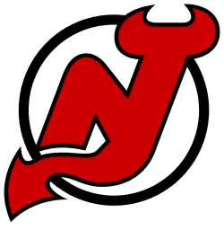 Inside a white circle with black borders, the letters "N" and "J" in red joined together, with the "J" having devil horns at the top and a pointed tail at the bottom.