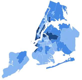 A map of Assembly districts by their vote in the 1929 New York City mayoral election. All voted for Walker to varying degrees.