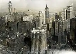 Photograph of the aerial view of Lower Manhattan in 1919 with the Singer Tower in the center