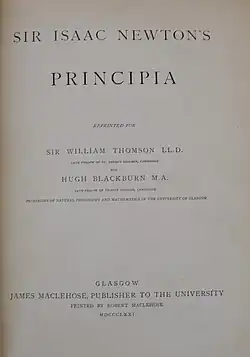Title page in a 1871 copy of "Philosophiae Naturalis Principia Mathematica" by Isaac Newton, with dedication to Blackburn and William Thomson