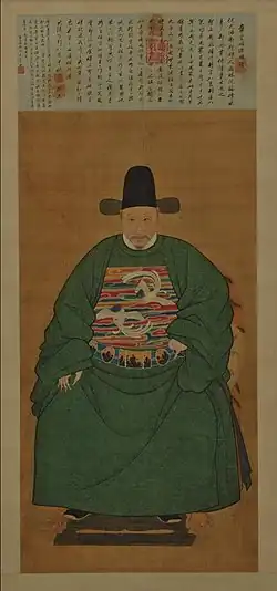 Painting of a bearded man dressed in dark robes (on the left), with two much smaller young men, one wearing his hair in a top-knot and carrying something rolled in red piece of cloth. The background is a winter scene.