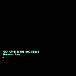 An image of a black background. In the bottom-left centre, monospace-style green text reads "Nick Cave & the Bad Seeds" in uppercase and "Skeleton Tree" in normal-case. Underneath is a static text cursor.