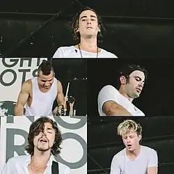 Night Riots during Warped Tour 2015. Clockwise from top: Travis Hawley, Nick Fotinakes, Matt DePauw, Mikel van Kranenburg, Rico Rodriguez.
