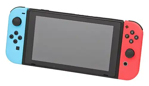 A Nintendo Switch console with JoyCons in blue and red respectively