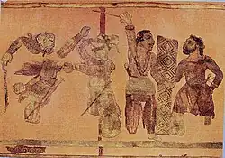 Fighting scene, between Yuezhi (warrior on the left in each pair), and Sogdians (warriors on the right in each pair).[10]