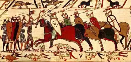 Detail of the Bayeux tapestry showing Norman armour and weaponry